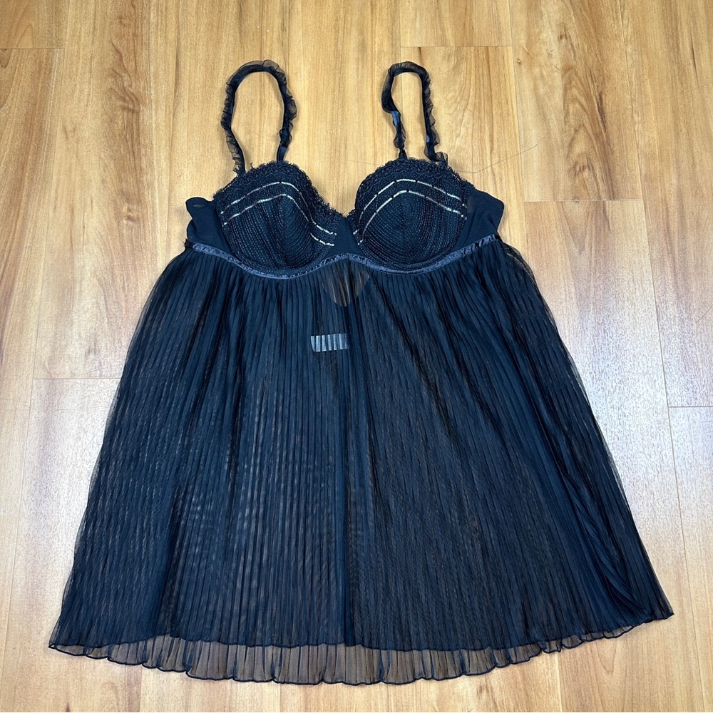 Black Sheer Babydoll Lingerie Dress Lace Bust Pleated Mesh Size L/G Sexy